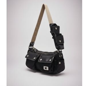 Vintage Y2K Guess Satin Patent Leather Pockets Handbag Bag W/ Grommet Strap